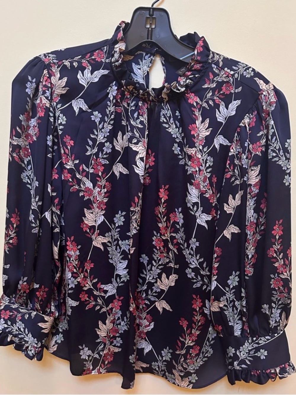 Women's Navy Floral Tie-Neck Long Sleeve Blouse